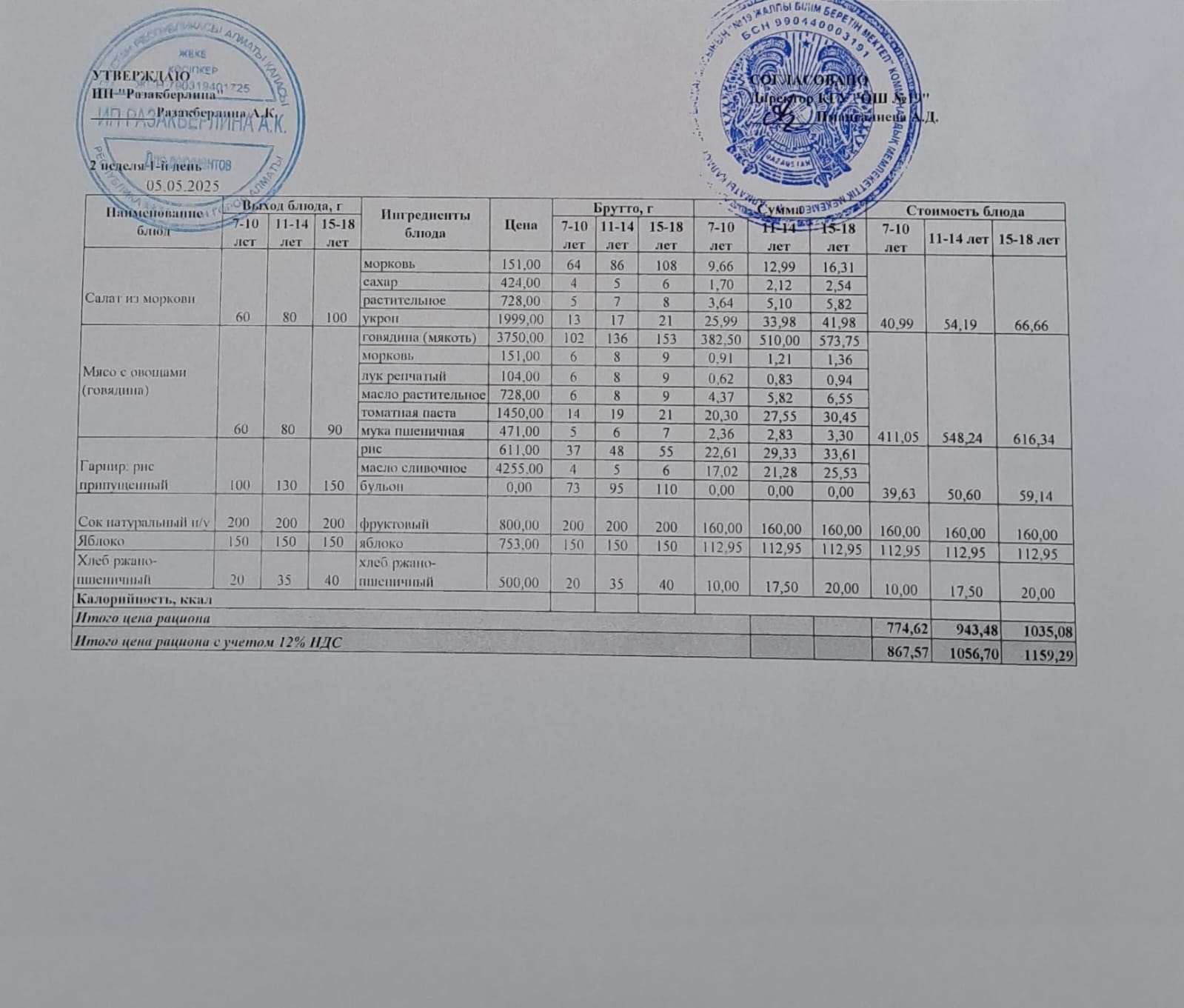 Ежедневное меню бесплатного питания (05.05.2025)