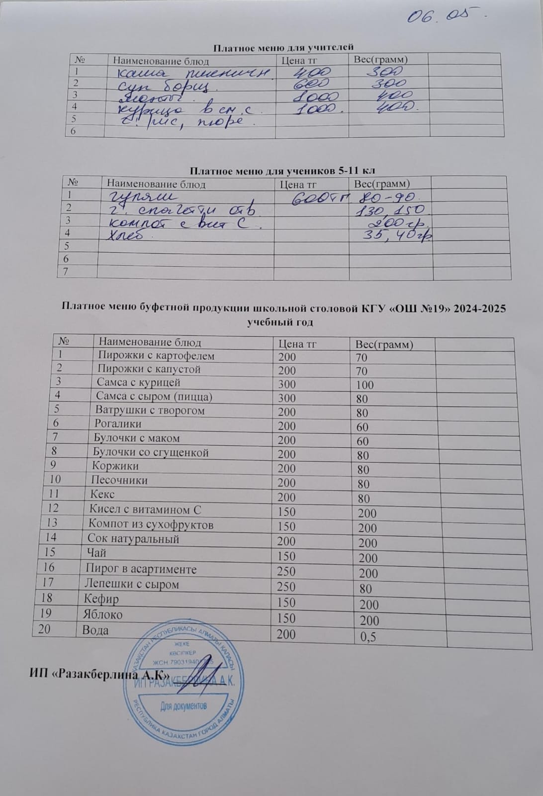 Ежедневное меню платного питания (06.05.2025)