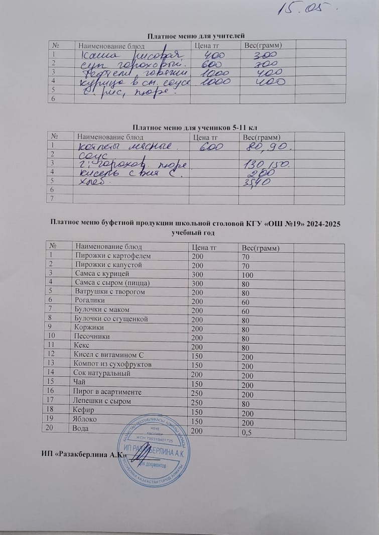 Ежедневное меню платного питания (15.05.2025)
